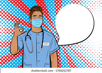 Doctor in pop art style. Vector background in comic style retro pop art. Illustration for print advertising and web.