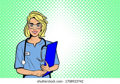 Doctor in pop art style. Vector background in comic style retro pop art. Illustration for print advertising and web. 