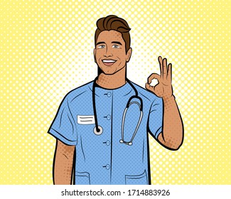 Doctor in pop art style. Vector background in comic style retro pop art. Illustration for print advertising and web. 