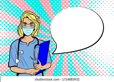 Doctor In Pop Art Style. Vector Background In Comic Style Retro Pop Art. Illustration For Print Advertising And Web. 