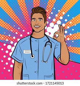 Doctor in pop art style. Vector background in comic style retro pop art. Illustration for print advertising and web. 