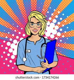 Doctor In Pop Art Style. Vector Background In Comic Style Retro Pop Art. Illustration For Print Advertising And Web. 