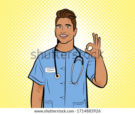 Doctor in pop art style. Vector background in comic style retro pop art. Illustration for print advertising and web. 