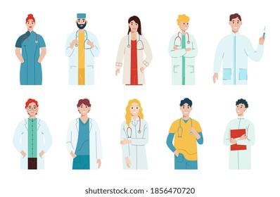 Doctor portrait with male and female hospital staff. Medical worker, healthcare medic and paramedic character as surgeon, physician, nurse, intern vector illustration isolated on white background