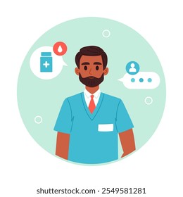 Doctor portrait. Medical clinic worker avatar, physician or surgeon consultation, medical hospital worker flat vector illustration. Male medical doctor business card