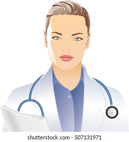  Doctor, portrait in medical coat with a stethoscope, isolated on white