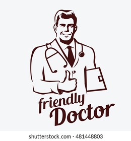 doctor portrait retro emblem, stylized sketch of smiling doctor