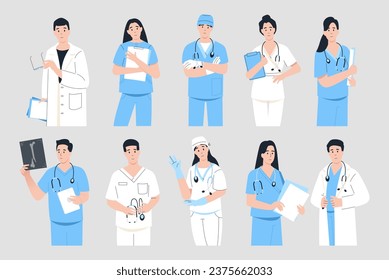 Retratos de doctores. Médicos caricaturistas con uniforme azul y blanco y estetoscopios, productos médicos de las clínicas. Conjunto de vectores. Personajes hombres y mujeres con equipo médico