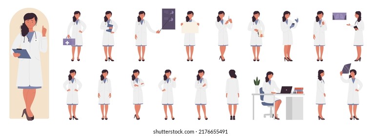 El doctor plantea una ilustración vectorial definida. Joven caricaturista trabajando en el mostrador del hospital, parado con la caja de primeros auxilios, posando en la parte delantera, lateral y trasera, mostrando una presentación de rayos aislada en blanco