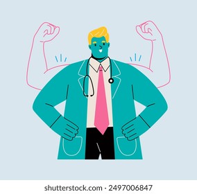 Doctor power, man self confidence, high esteem concept. Colored flat vector illustration
