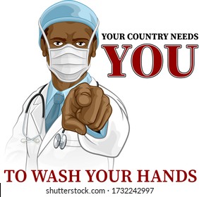 A doctor in PPE mask pointing in a your country needs or wants you gesture. With the message to wash your hands