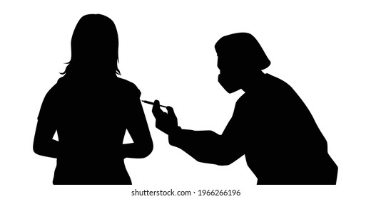 Doctor in PPE suit with vaccine injection needle silhouette on white background, people medical and healthy concept.
