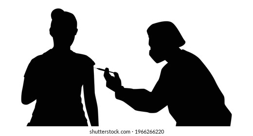 Doctor in PPE suit with vaccine injection needle silhouette on white background, people medical and healthy concept.