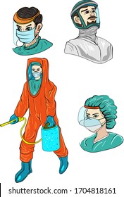 Doctor In PPE Suit And Wear Face Sheild With Face Mask Outline And Isolate On White Background.