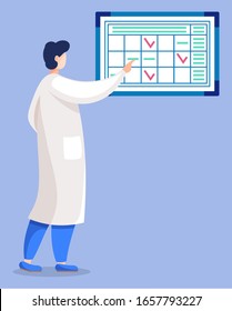 Doctor Practitioner Checking Schedule Isolated Man Or Woman In Medical Cloth. Vector Ilustration Physician Back View, Administrative Worker Organize Work Process In Hospital. Organisation Work Process