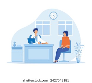 Doctor practitioner male and young female patient in hospital medical office. Consultation and diagnosis. flat vector modern illustration