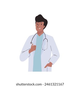 Doctor practitioner man with stethoscope in uniform. Professional hospital medical office staff. Medic consultation and diagnosis. Vector flat cartoon illustration