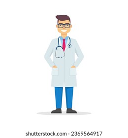 Doctor or practitioner with stethoscope at work, hospital or clinic staff. Medicine worker wearing gown. Cartoon character of smiling doctor. Healthcare and medicine concept clip art. Vector