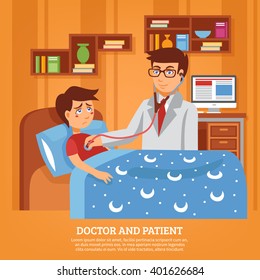 Doctor practitioner in white coat with stethoscope attending sick schoolboy at home poster flat abstract vector illustration 