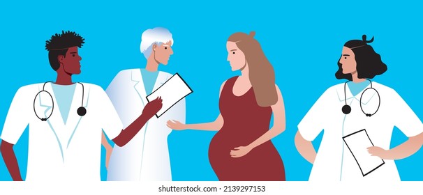 Doctor And Pregnant Patient. Flat Vector Stock Illustration. Process Of Treating Pregnant Woman Or Embryo. People In Medical Clinic. Reproductive Health Care