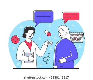 Doctor con mujer embarazada. La madre esperada consulta con especialistas, cuidado infantil y estilo de vida saludable. Caracteres que discuten la fecha de vencimiento esperada. Apoyo y ayuda. Dibujo vectorial plano de dibujos animados