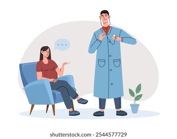 Doctor with pregnant woman. Man in medical uniform examines girl with big belly. Maternity and parenthood. Examination by gynecologist. Flat vector illustration isolated on white background