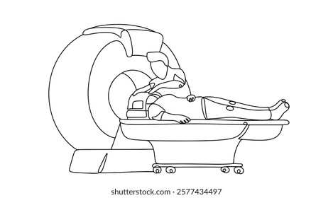 A doctor prepares a patient for an MRI. A method for obtaining tomographic medical images for studying internal organs and tissues. A man lies in an MRI machine. Vector medical illustration.