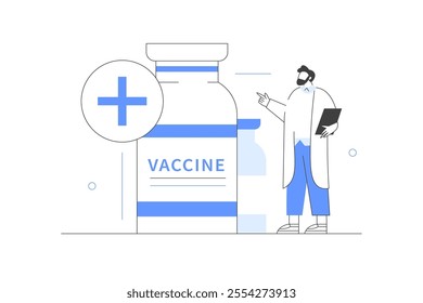 Doctor preparing for global vaccination. Vaccine ready for clinical trial. Immunization campaign concept. Flat Cartoon Vector Illustration, icon. Stylish abstract