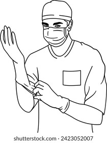 Doctor preparándose para la operación del libro de colorantes. Ilustración vectorial de un cirujano en un traje estéril, máscara protectora y guantes de caucho. Concepto de medicina