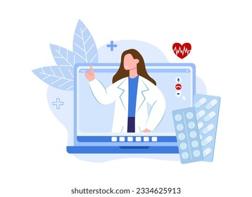 Doctor prescribe pills and treatment. Professional doctor consulting remotely. Providing medical advice to patient. Flat vector illustration in blue colors in cartoon style