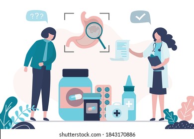 Doctor prescribed pills for patient. Female character at appointment with gastroenterologist. Woman has stomach problems. Concept of gastroenterology and treatment. Trendy flat vector illustration