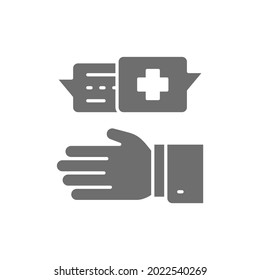 Doctor prescribes medicine, medical specialist prescribe treatment grey icon.