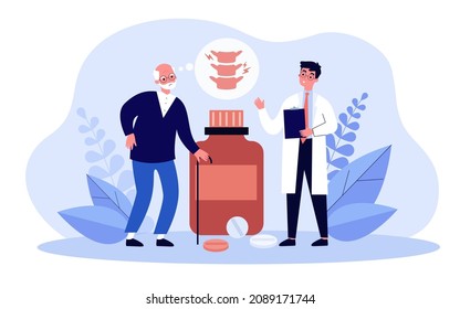 Doctor prescribing osteoporosis medicines for elderly patient. Senior man suffering from back pain flat vector illustration. Osteoporosis concept for banner, website design or landing web page