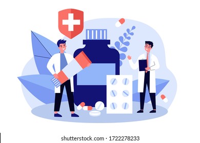 Doctor with prescription and pharmacist with ointment tube discussing treatment, pills and drug in drugstore. Vector illustration for pharmacy, medicine, medical checkout concept