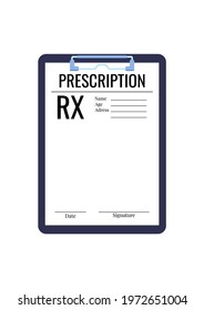 Doctor Prescription Rx Medic Blank On Clipboard Pad Isolated On White Background. Rx Paper Form For Medical Recipe - White Sheet With Text Icon. Flat Design Pharmacy Notes Clip Art Vector Illustration