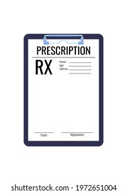 Doctor prescription rx medic blank on clipboard pad isolated on white background. Rx paper form for medical recipe - white sheet with text icon. Flat design pharmacy notes clip art vector illustration