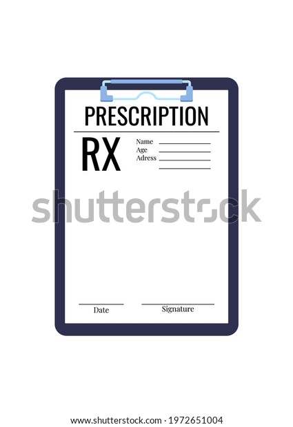 Doctor prescription rx medic blank on
clipboard pad isolated on white background. Rx paper form for
medical recipe - white sheet with text icon. Flat design pharmacy
notes clip art vector
illustration