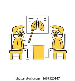 doctor present lung image to patient covid 19 protection concept yellow stick figure