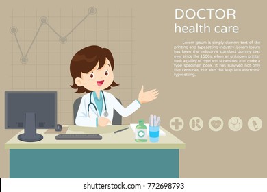 Doctor present sitting at the table in hospital, infirmary, clinic.healthcare concept.Character professional physician on workplace illustration.Banner,layout template,cover,ad.,poster