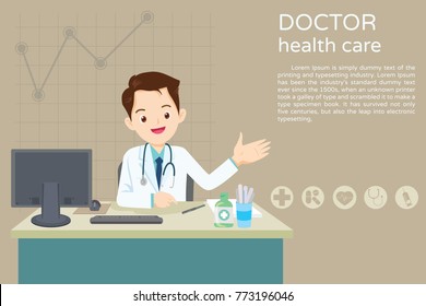 Doctor present sitting at the table in hospital, infirmary, clinic.healthcare concept. Character professional physician on workplace illustration.Banner,layout template,cover,ad. ,poster