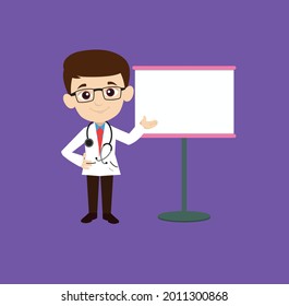 Doctor with presentation slide board Flat Vector Cartoon Illustration