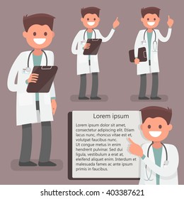 Doctor presented in different actions. The character  for medical information posters