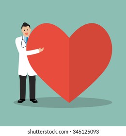 Doctor presenting the big heart. vector illustration