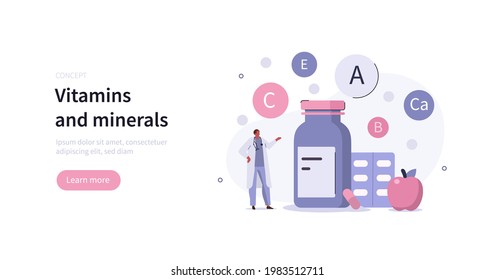 Doctor presenting daily vitamin and mineral supplements in capsules. Balanced healthy diet and eating concept. Flat cartoon vector illustration.