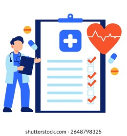 A doctor presenting a health checklist featuring heart and medical symbols, representing care and wellness.
