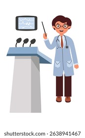 Doctor presenting health information at a conference with a medical monitor in the background. Vector isolated illustration in flat style on white background.