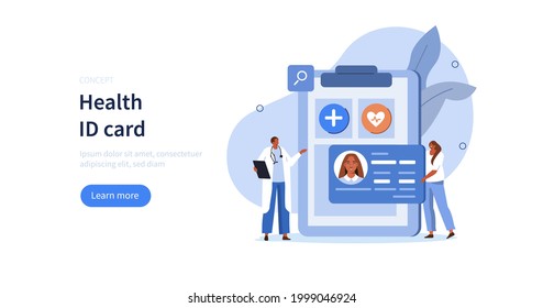 Doctor Presenting Health Insurance Contract. Patient Holding And Showing His Insurance Id Card. Medicine Concept. Flat Cartoon Vector Illustration. 