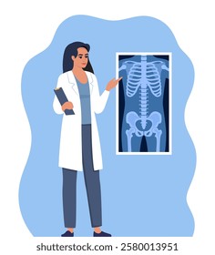 Doctor presenting human xray shot, gives a training lecture about anatomy. X ray of human skeleton chest and pelvis human bones. Medical seminar, lecture. Vector