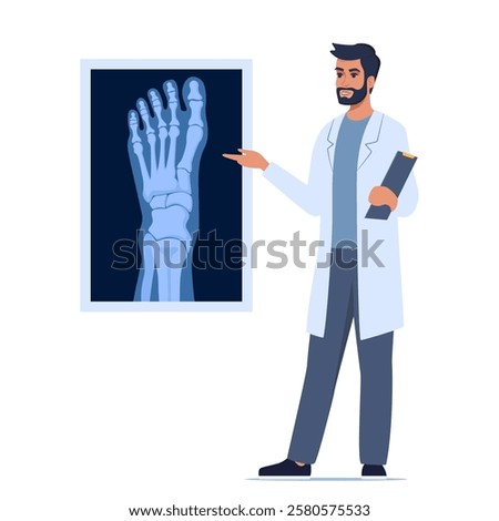 Doctor presenting human xray shot, gives a training lecture about anatomy. X ray human foot. Medical seminar, lecture. Vector