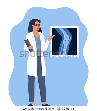 Doctor presenting human xray shot, gives a training lecture about anatomy. X-ray anatomy of the knee joint and human leg. Medical seminar, lecture. Vector